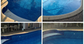 A grid of 4 photos showing the newly renovated pool with a fresh liner