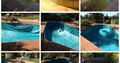 A grid of photos showing the old pool, the liner replacement process and the renovated pool