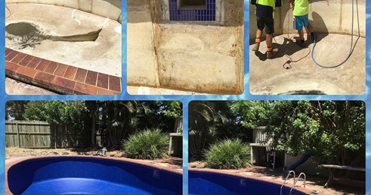 Grid of 5 photos of a pool liner replacement job by Donemans Pool Centre