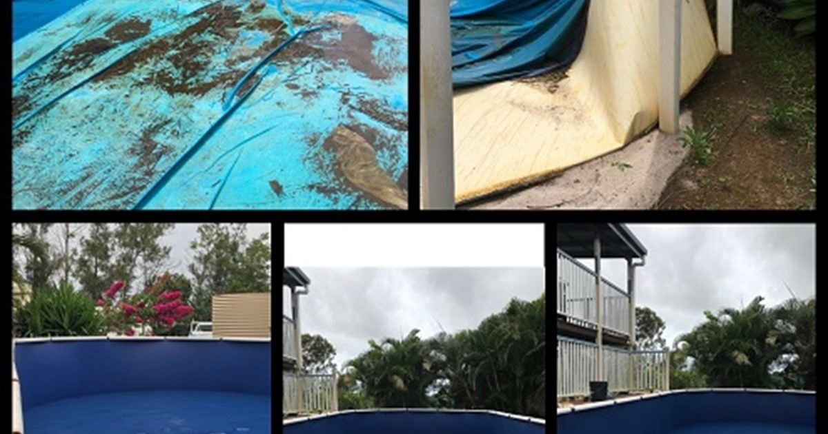 Grid of 5 photos of an above-ground pool restoration job