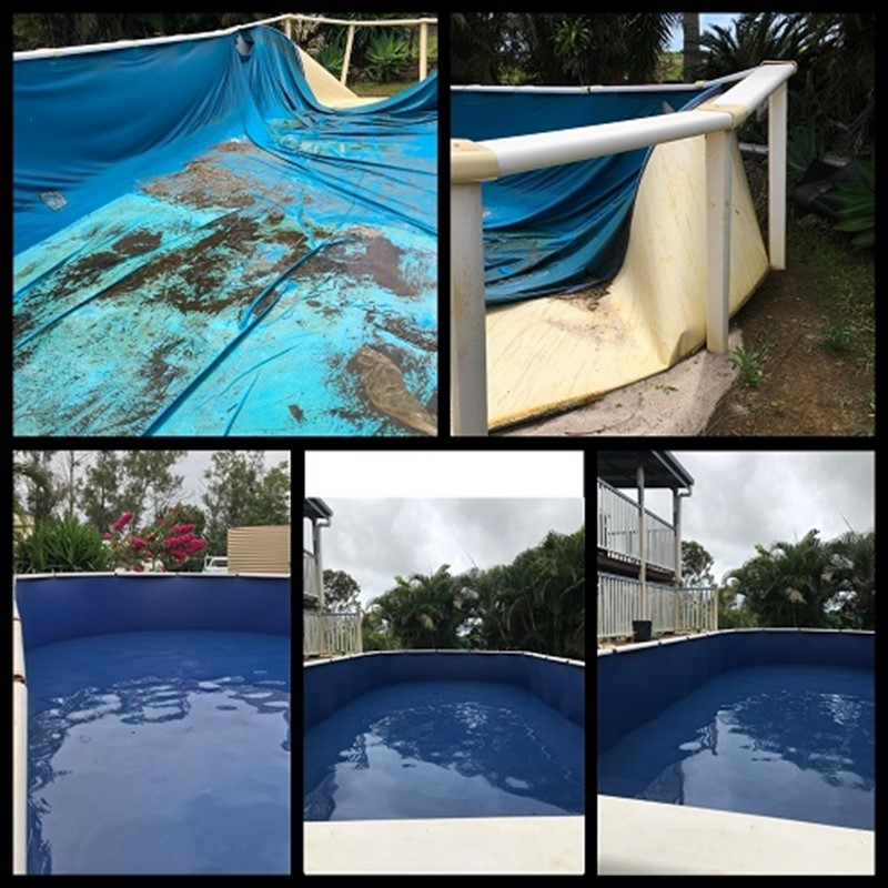 Grid of 5 photos of an above-ground pool restoration job