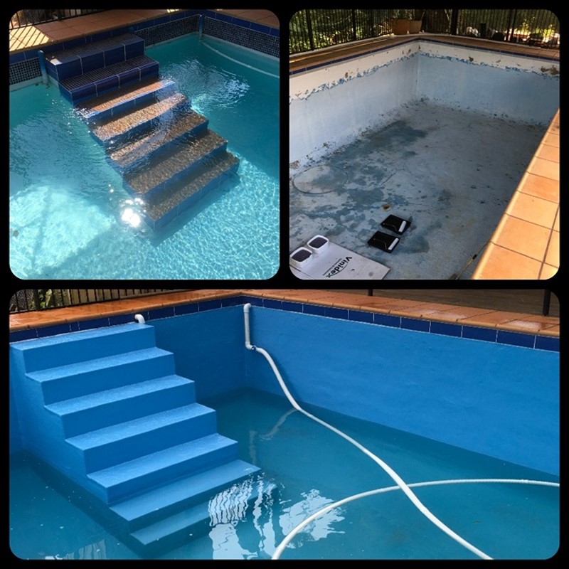 Three photos showing the pool renovation by Donemans Pool Centre