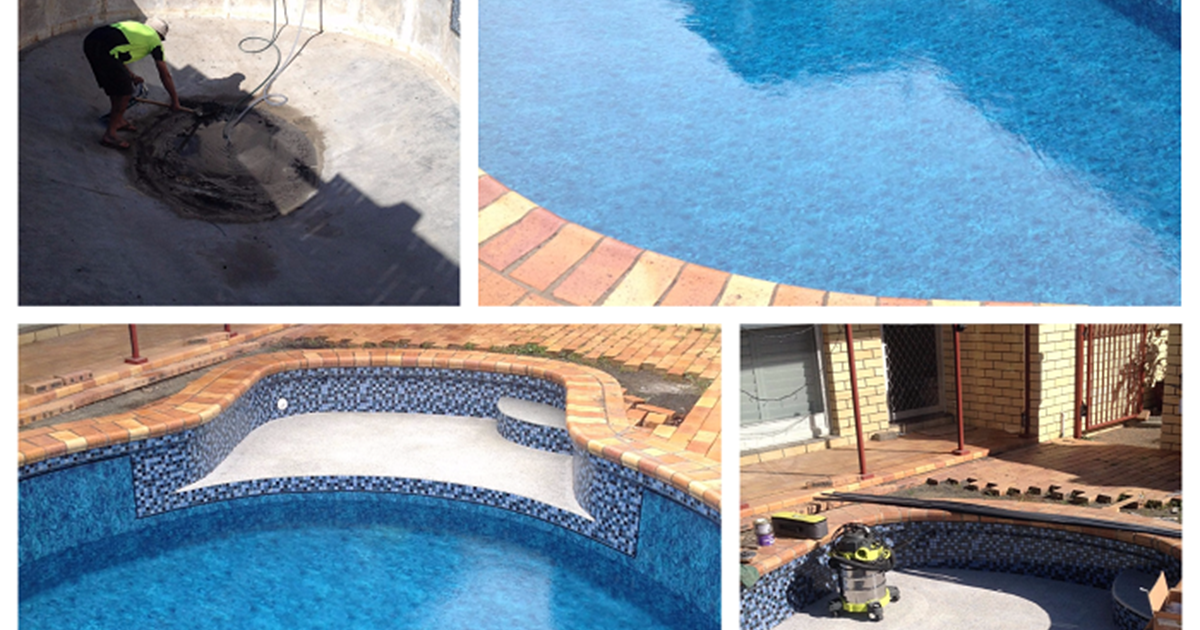 Collage of a pool renovation with a liner replacement and pebble finish on steps