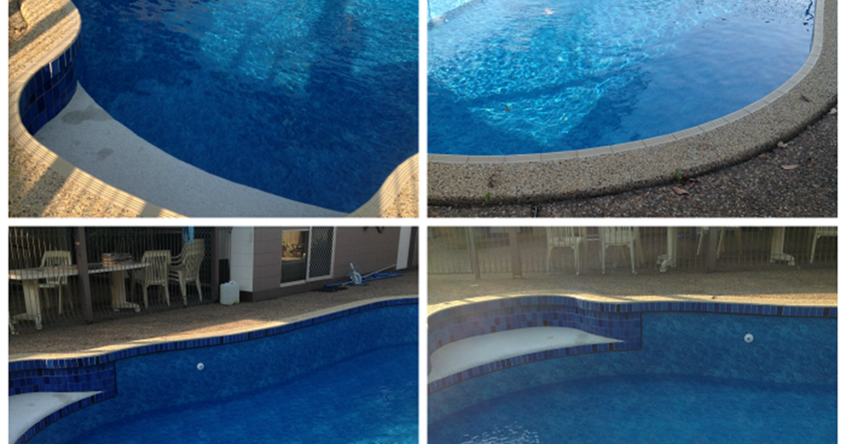 A grid of 4 photos showing the newly renovated pool with a fresh liner