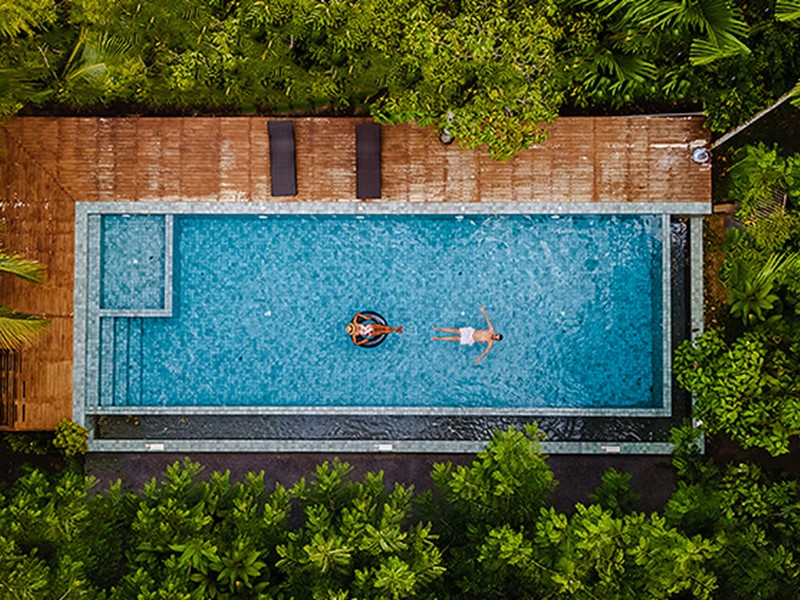 Pool surrounded by deck and lush trees